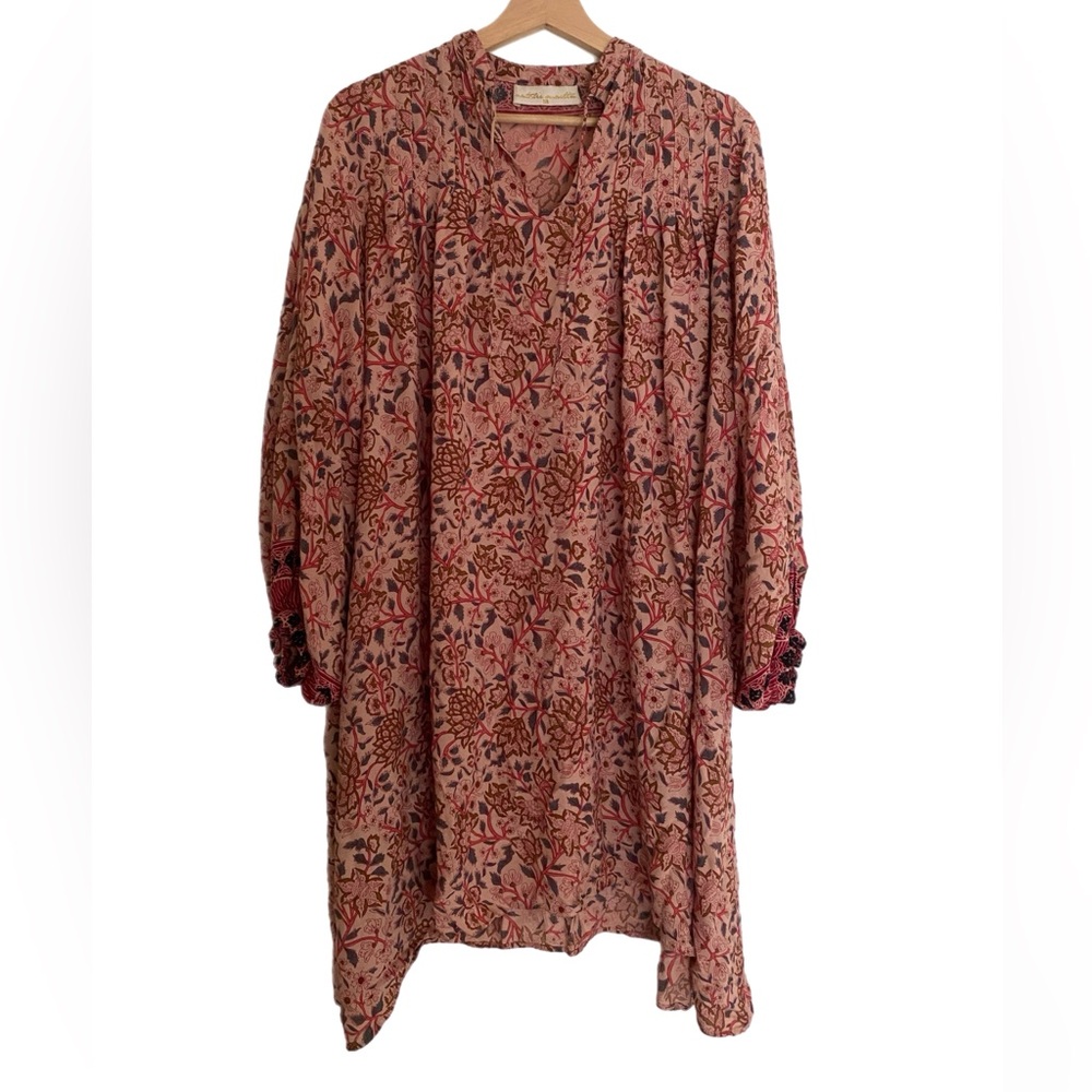 Natalie Martin 100% Rayon Midi Floral Long Sleeve Pink Dress XS